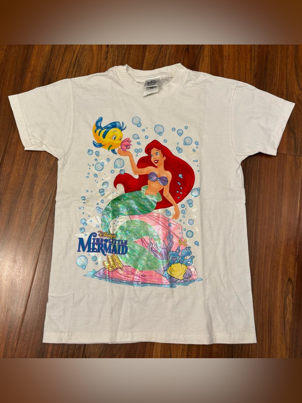 Disney The Little Mermaid Vintage 90s Ariel Flounder White Short Sleeve Tee